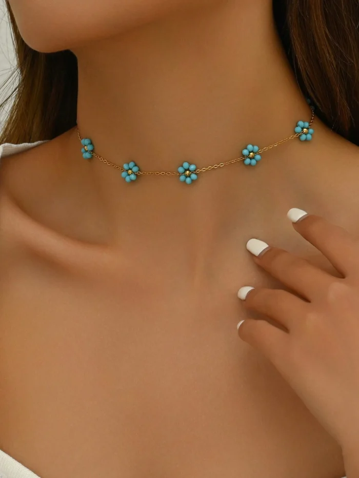 1pc Elegant Blue 6-Petal Flower Decor Lady's Chain Necklace