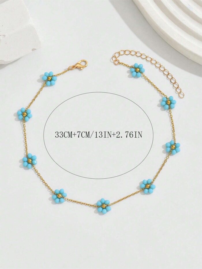 1pc Elegant Blue 6-Petal Flower Decor Lady's Chain Necklace - Image 3