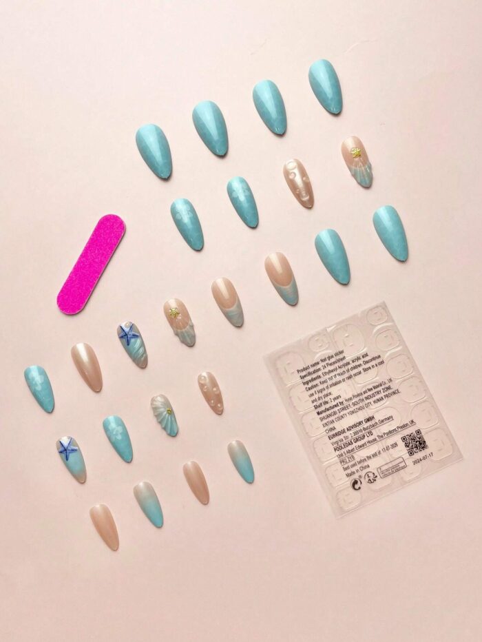 24pcs/Set Almond-Shaped French Elegant 3D Ocean Style Starfish Waterdrop Flower Decor Full Coverage Press-On Nails - Image 2