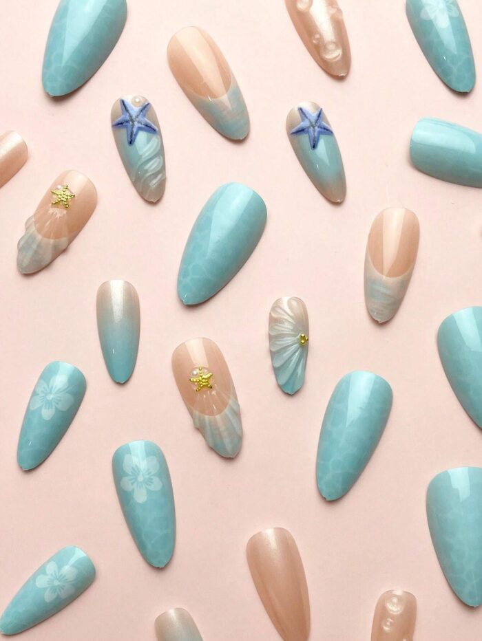24pcs/Set Almond-Shaped French Elegant 3D Ocean Style Starfish Waterdrop Flower Decor Full Coverage Press-On Nails - Image 3