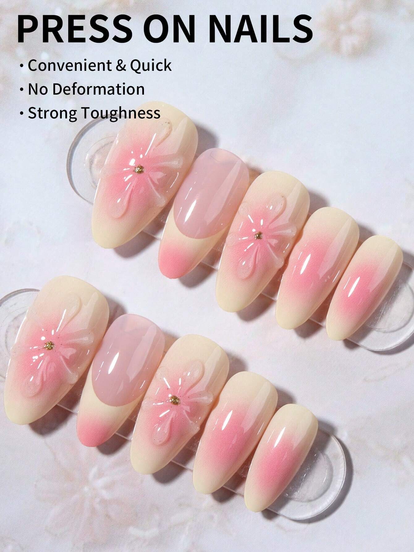 24pcs Almond 3D Gel Makes French Tip Press On Nails Medium 3D Flower Gel Makes Nail Design - Image 2