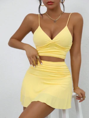 2pcs/Set  Women Fashion: Backless Sleeveless V-Neck Crop Top & Bodycon Mini Skirt Suit