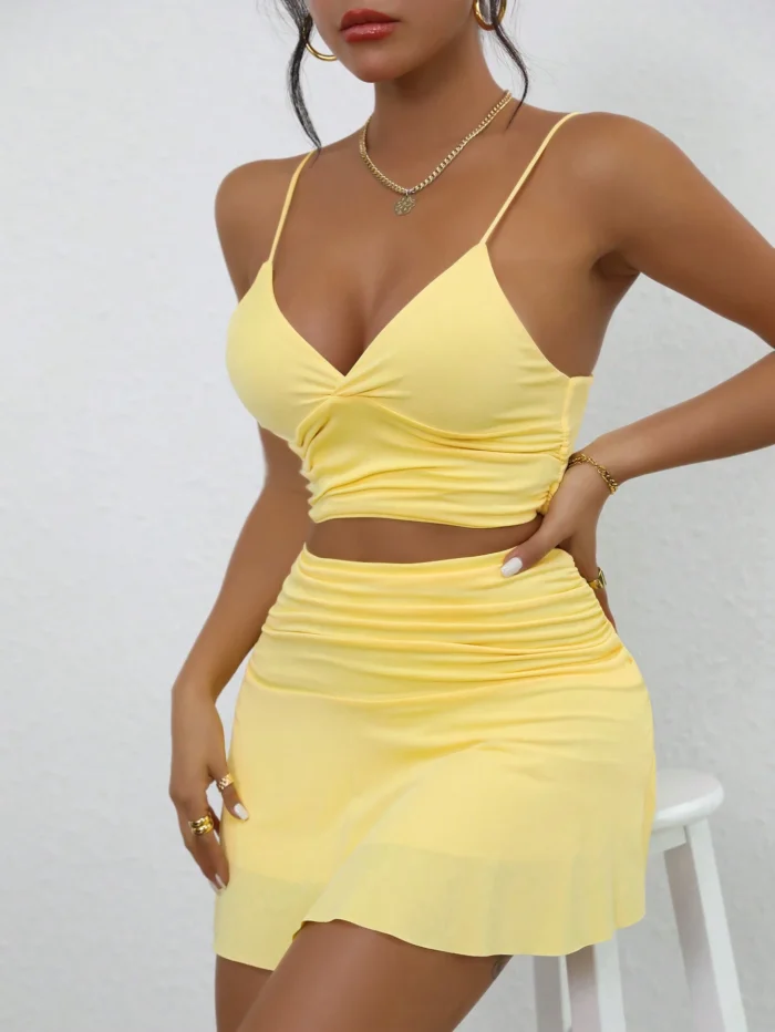 2pcs/Set  Women Fashion: Backless Sleeveless V-Neck Crop Top & Bodycon Mini Skirt Suit - Image 6