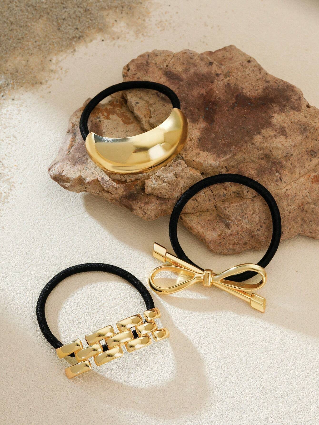 3pcs/1pc Elegant Alloy Solid Colour Bow Hair Tie Geometric Shape Hair Ties - Image 5