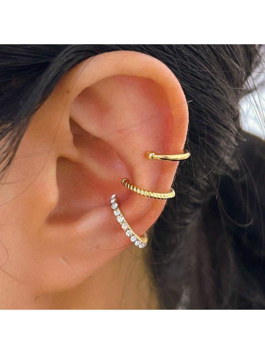 3pcs Earrings Fashion Simple Retro Exquisite Gold Silver Rhinestone Inlaid Ear bone Clip