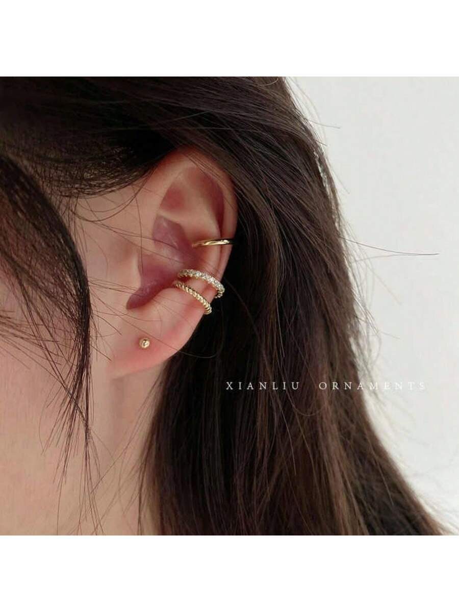 3pcs Earrings Fashion Simple Retro Exquisite Gold Silver Rhinestone Inlaid Ear bone Clip - Image 2