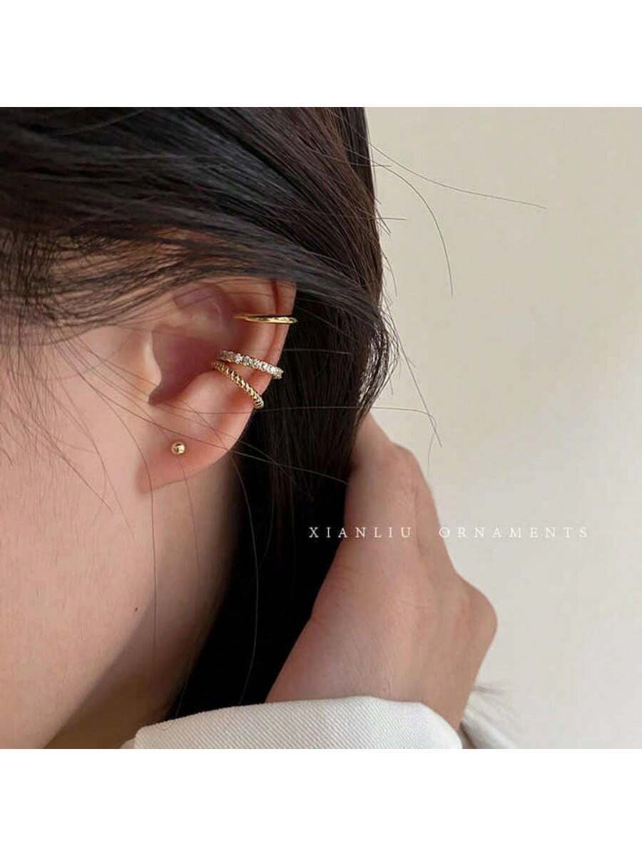 3pcs Earrings Fashion Simple Retro Exquisite Gold Silver Rhinestone Inlaid Ear bone Clip - Image 3