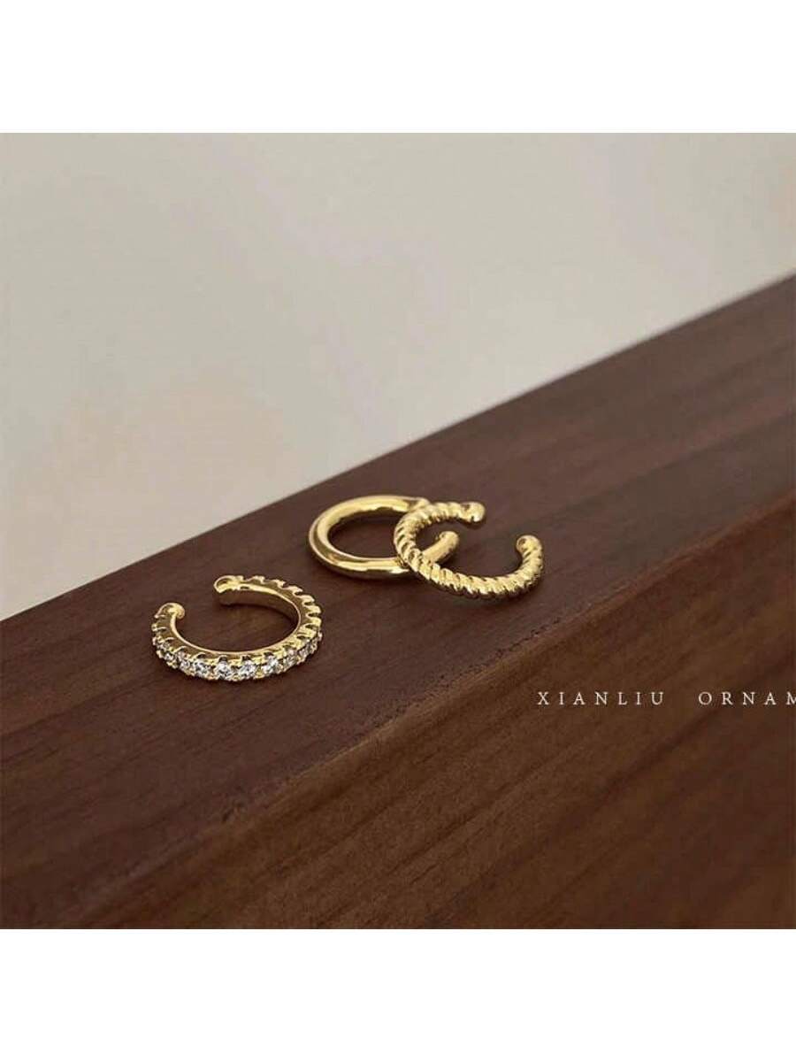 3pcs Earrings Fashion Simple Retro Exquisite Gold Silver Rhinestone Inlaid Ear bone Clip - Image 4