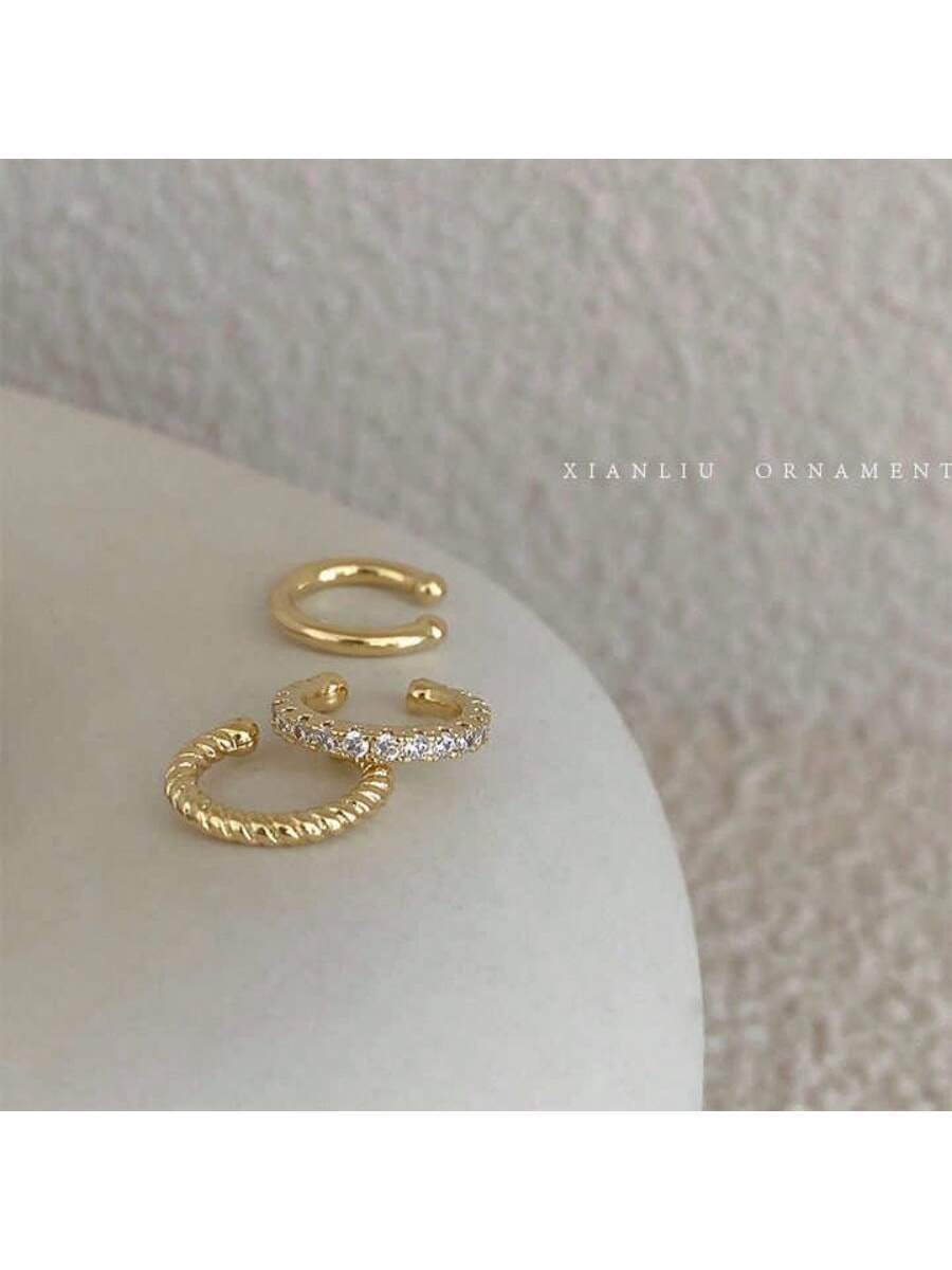 3pcs Earrings Fashion Simple Retro Exquisite Gold Silver Rhinestone Inlaid Ear bone Clip - Image 5