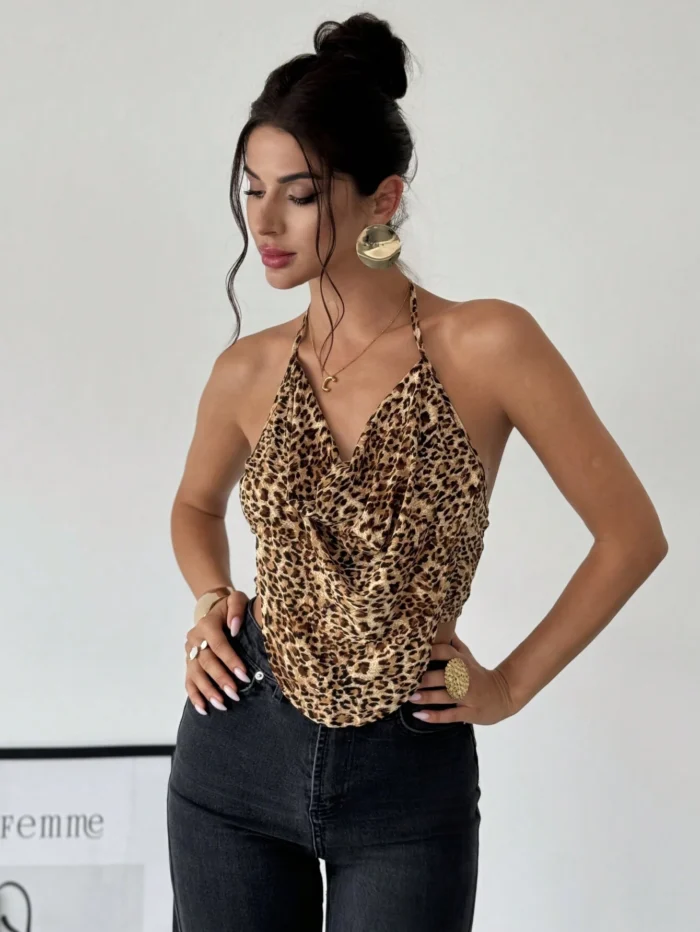 Firerie Leopard Print Deep V-Neck Draped Backless Elegant