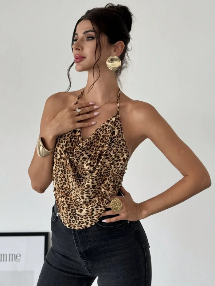 Firerie Leopard Print Deep V-Neck Draped Backless Elegant - Image 4