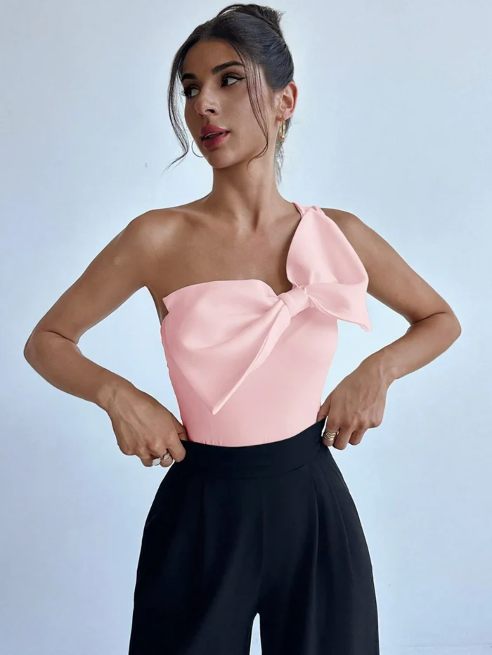 Firerie Women Solid Color Elegant Sleeveless Bodysuit With Bow Decor