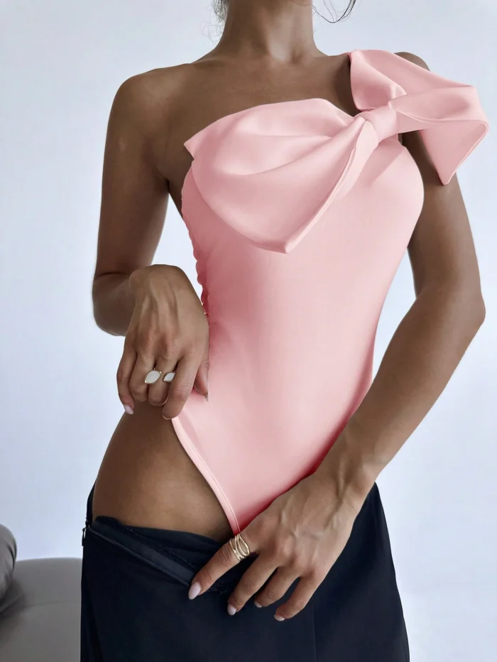 Firerie Women Solid Color Elegant Sleeveless Bodysuit With Bow Decor - Image 6