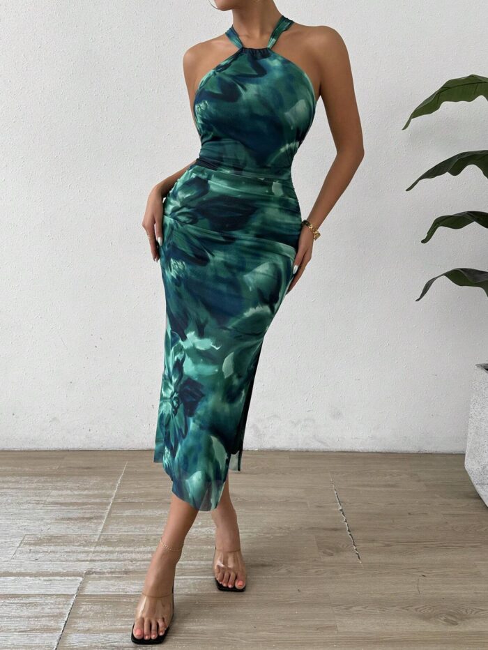 SHEIN Allurite Women's Holidays Fashion Halterneck Ruched Waist Slit Tie Dye Floral - Image 3