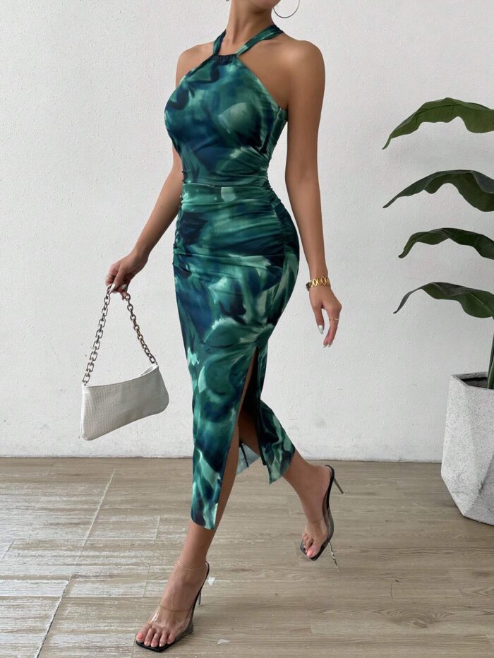SHEIN Allurite Women's Holidays Fashion Halterneck Ruched Waist Slit Tie Dye Floral - Image 4