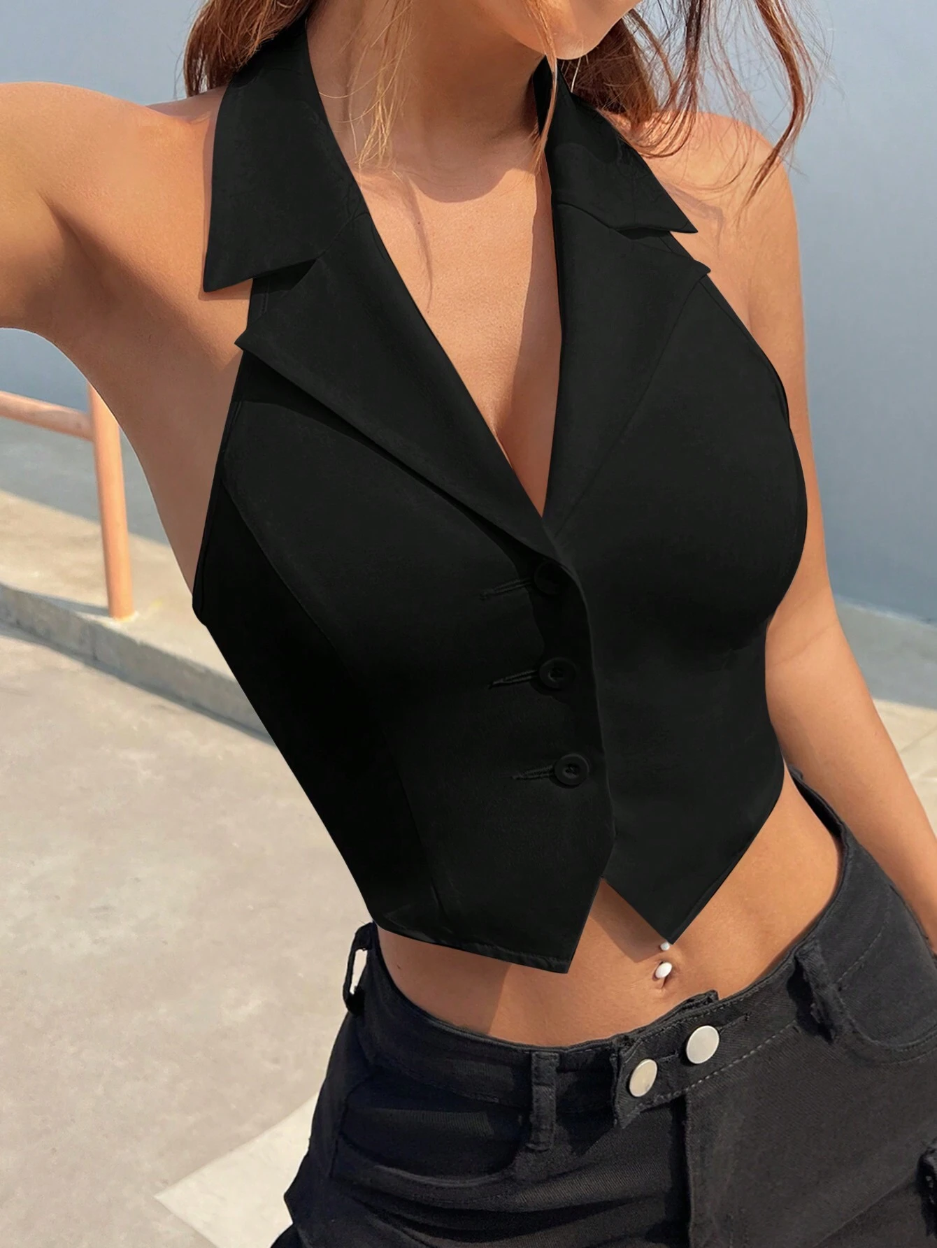 SHEIN EZwear Women Lapel Collar Backless Sleeveless Front Button Blazer - Image 4