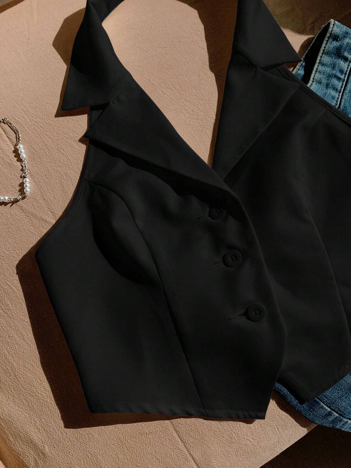 SHEIN EZwear Women Lapel Collar Backless Sleeveless Front Button Blazer - Image 6