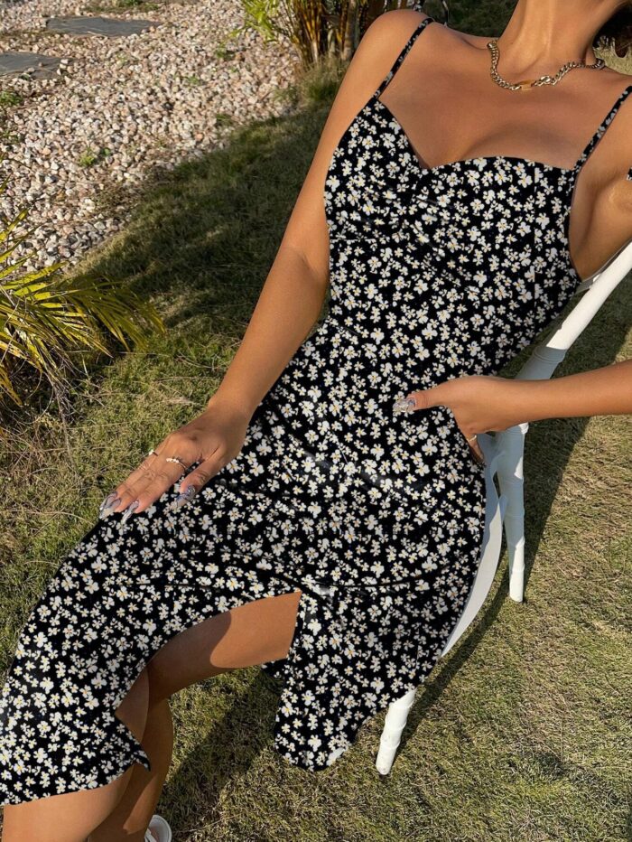 SHEIN Holidaya Spaghetti Strap Ruched High Slit Daisy Floral Print Dress - Image 3