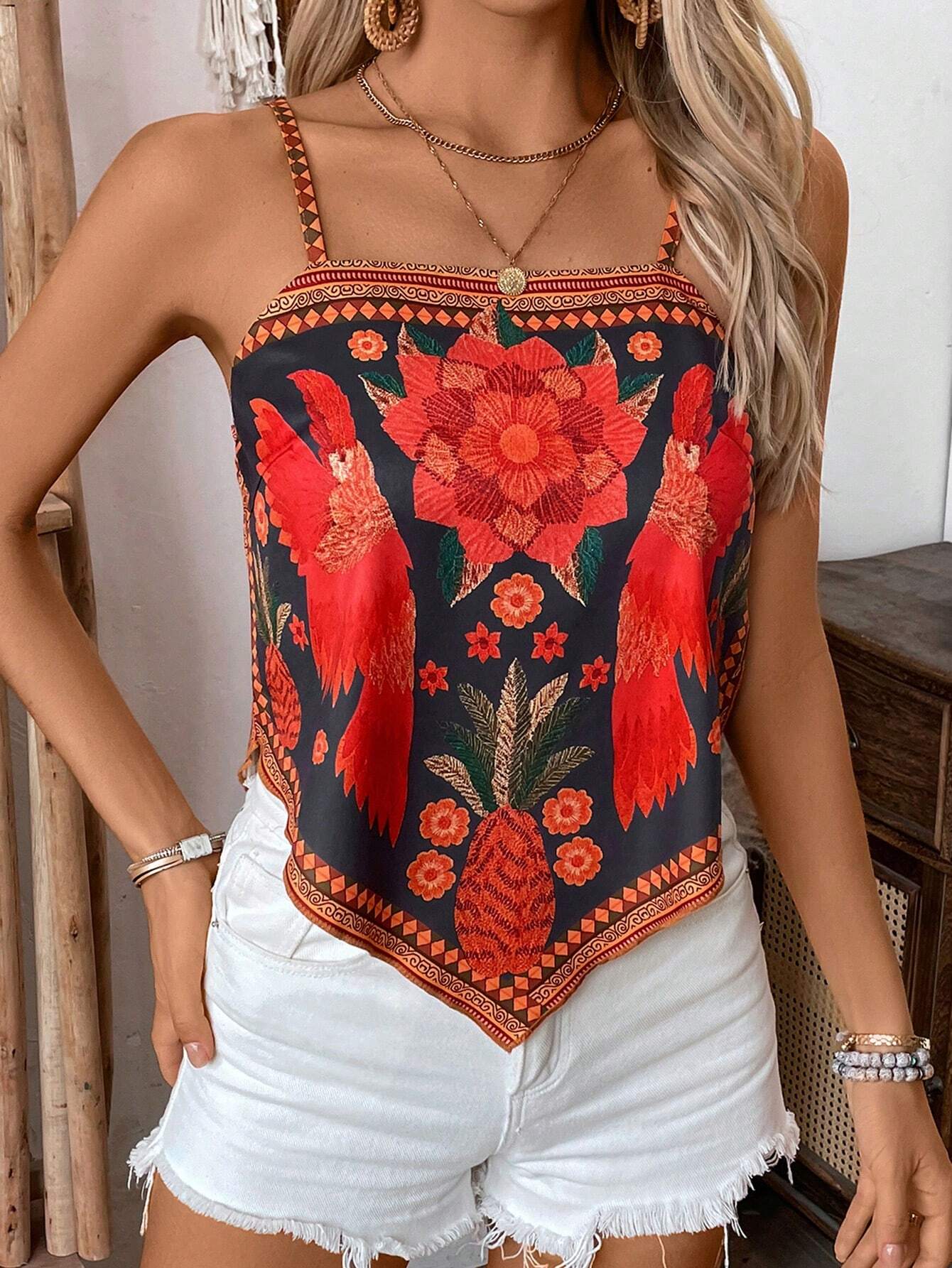 SHEIN LUNE Women's Leisure Comfortable Loose Printed Green Plant Positioning Tank Top