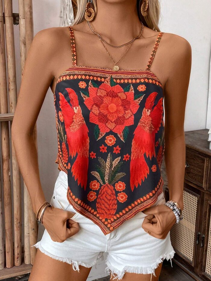 SHEIN LUNE Women's Leisure Comfortable Loose Printed Green Plant Positioning Tank Top - Image 5