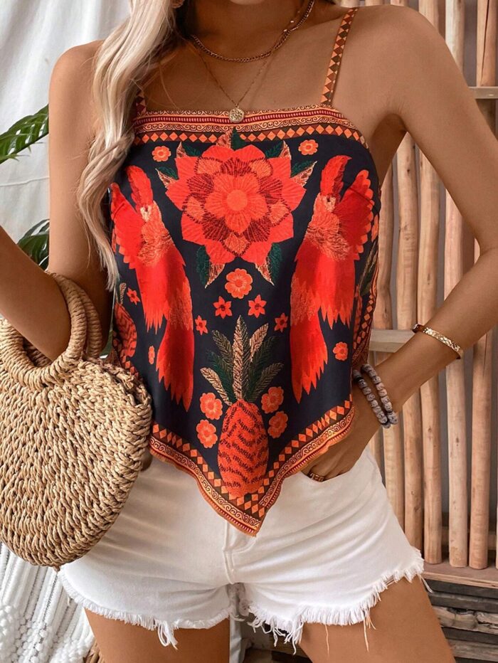 SHEIN LUNE Women's Leisure Comfortable Loose Printed Green Plant Positioning Tank Top - Image 3