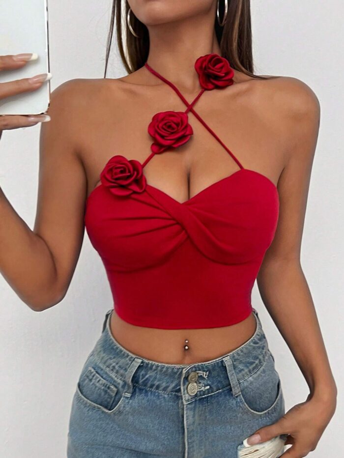 SHEIN PETITE Women's Solid 3D Flower Decoration Cross Tie Halter Neck Crop Cami Top - Image 2