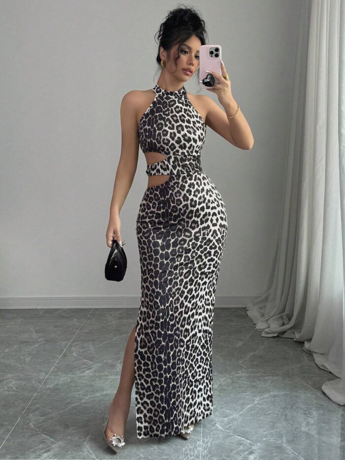 SHEIN Raffinéa Women Elegant Leopard Print Hollow Out Waist Dress Maxi Women Outfit - Image 3