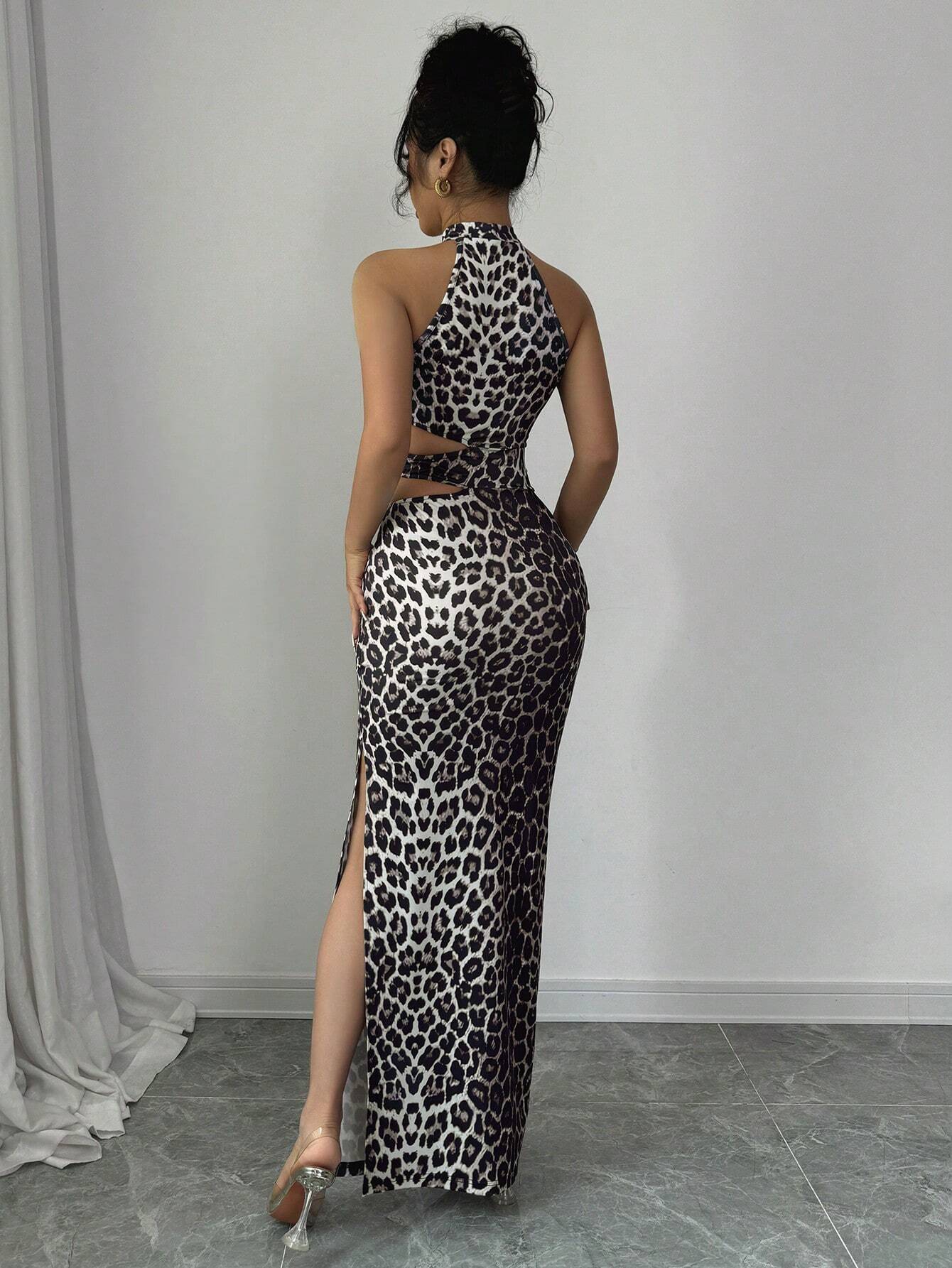 SHEIN Raffinéa Women Elegant Leopard Print Hollow Out Waist Dress Maxi Women Outfit - Image 2