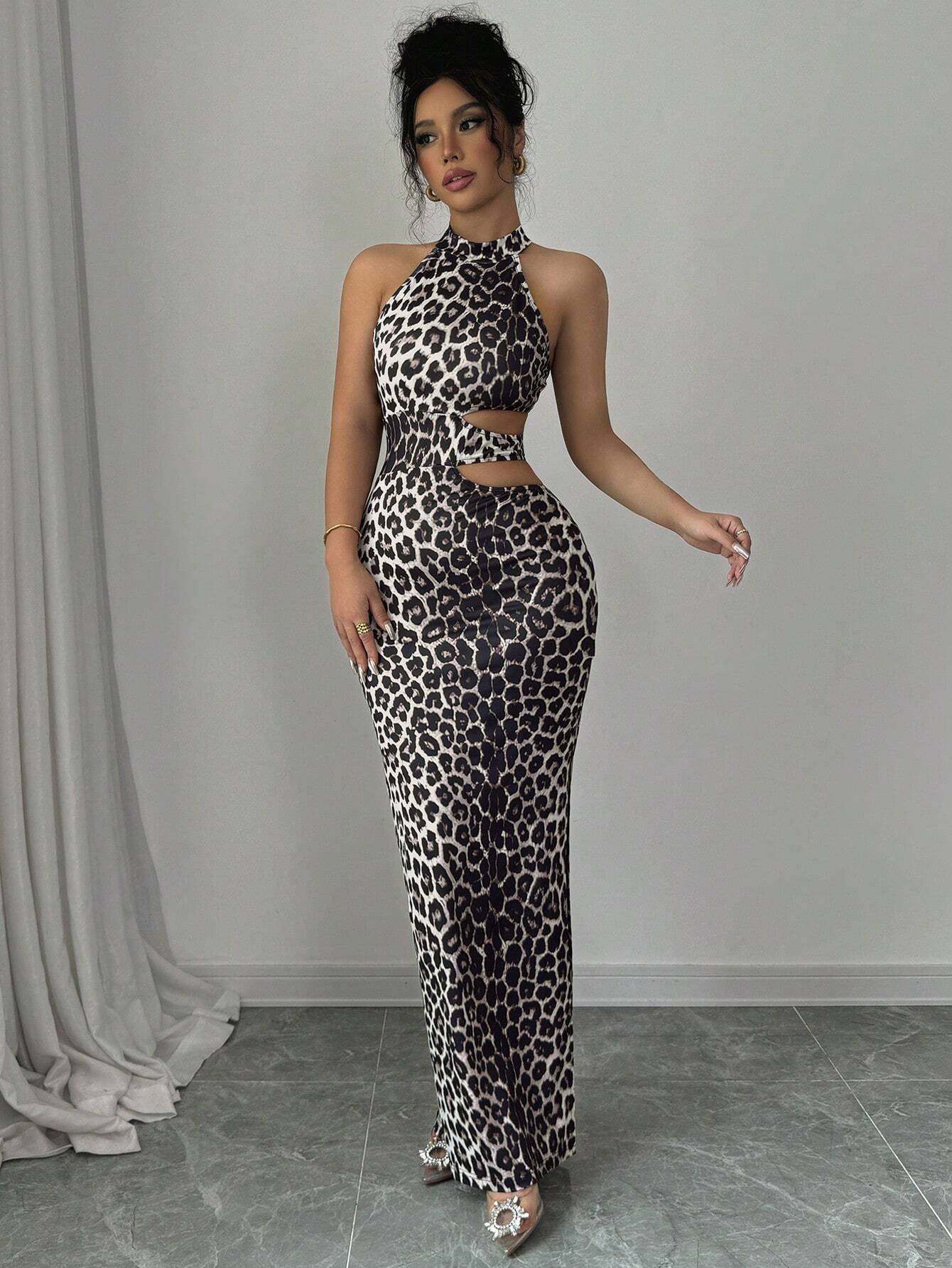 SHEIN Raffinéa Women Elegant Leopard Print Hollow Out Waist Dress Maxi Women Outfit - Image 4