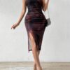 SHEIN Raffinéa Women's Printed Mesh Contrast Slim Fit Split Dress Maxi