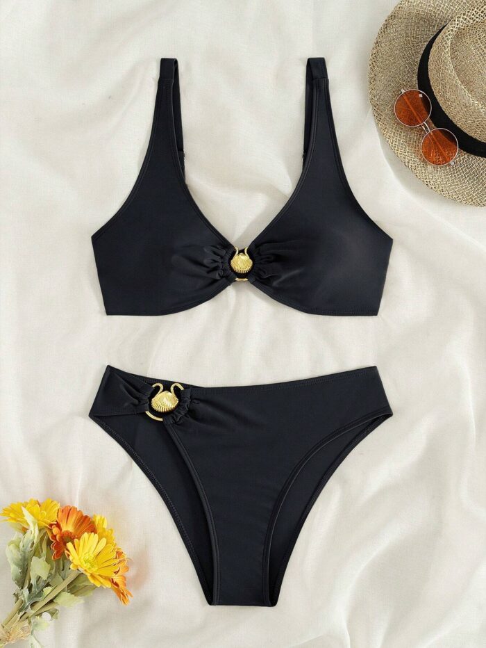 SHEIN Swim Women's Summer Beach Solid Color Ruffle Sexy Bikini Set - Image 5