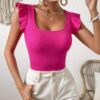 SHEIN VCAY Ruffle Trim Ribbed Summer Beach Women Knit Tee