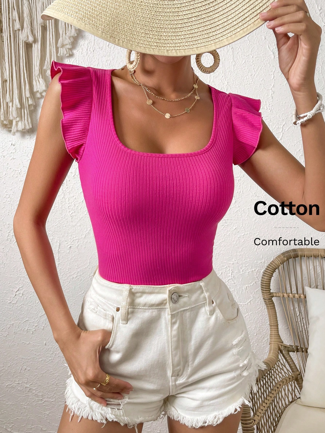 SHEIN VCAY Ruffle Trim Ribbed Summer Beach Women Knit Tee - Image 3