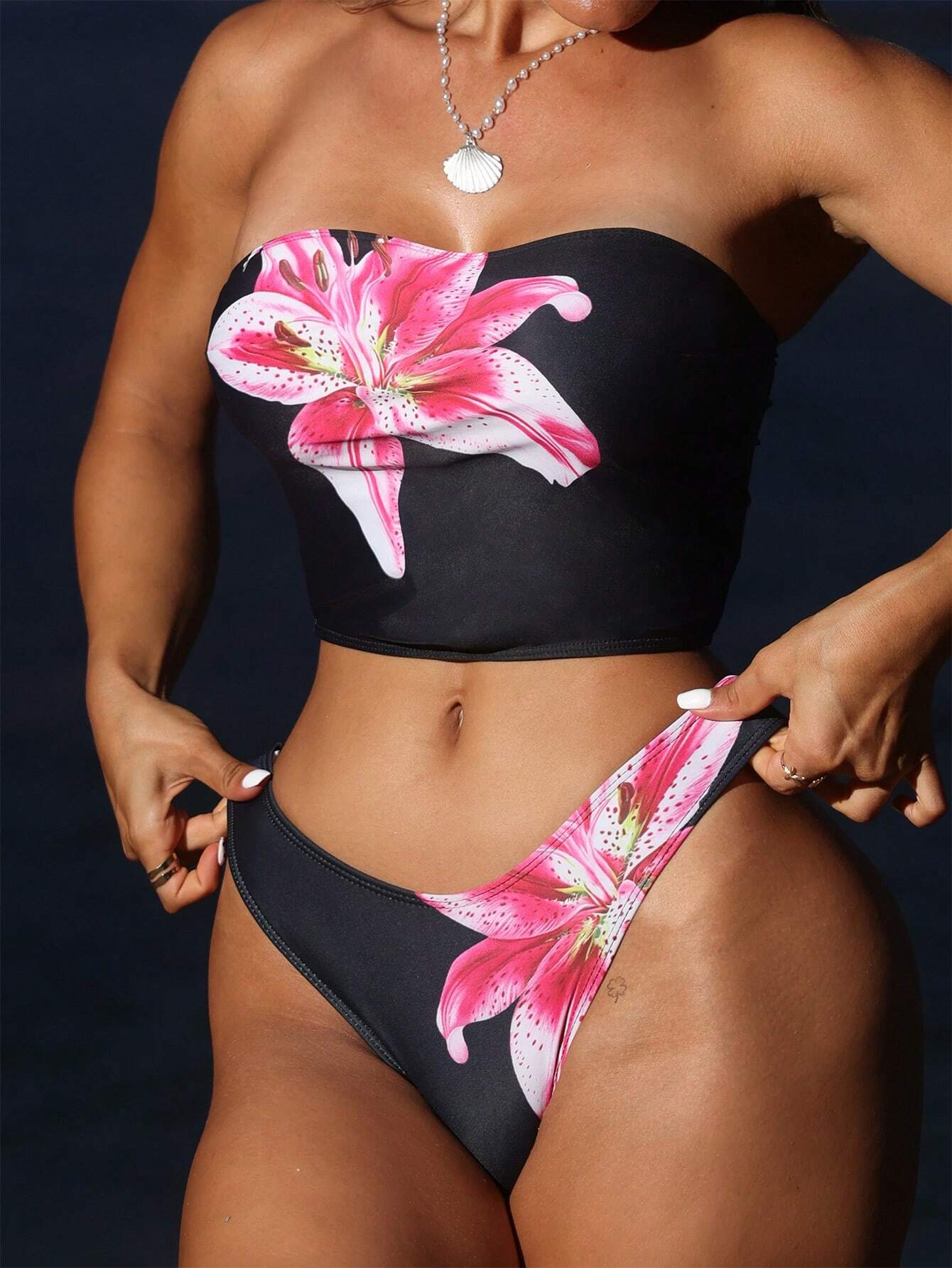 Swim SXY Women's Sexy High Cut Red Floral Print Bandeau And Bottoms Tankini Swimsuit