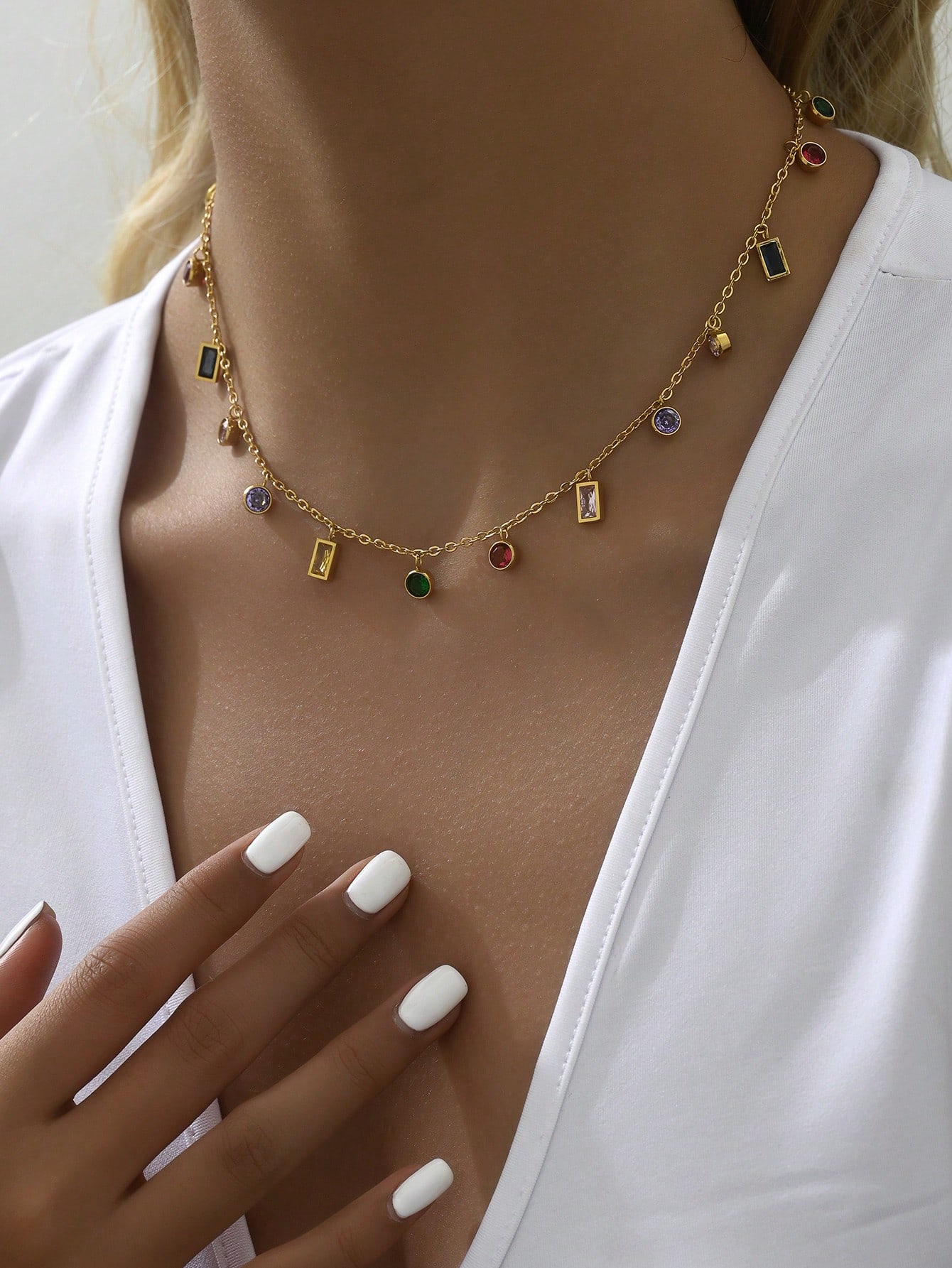 1pc Fashionable Stainless Steel Necklace With Colorful Stone Pendant