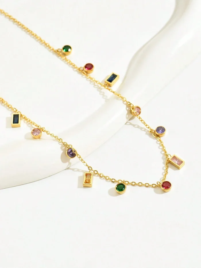 1pc Fashionable Stainless Steel Necklace With Colorful Stone Pendant - Image 2
