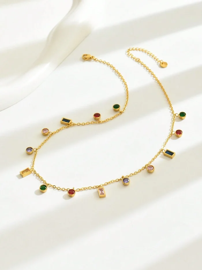 1pc Fashionable Stainless Steel Necklace With Colorful Stone Pendant - Image 3