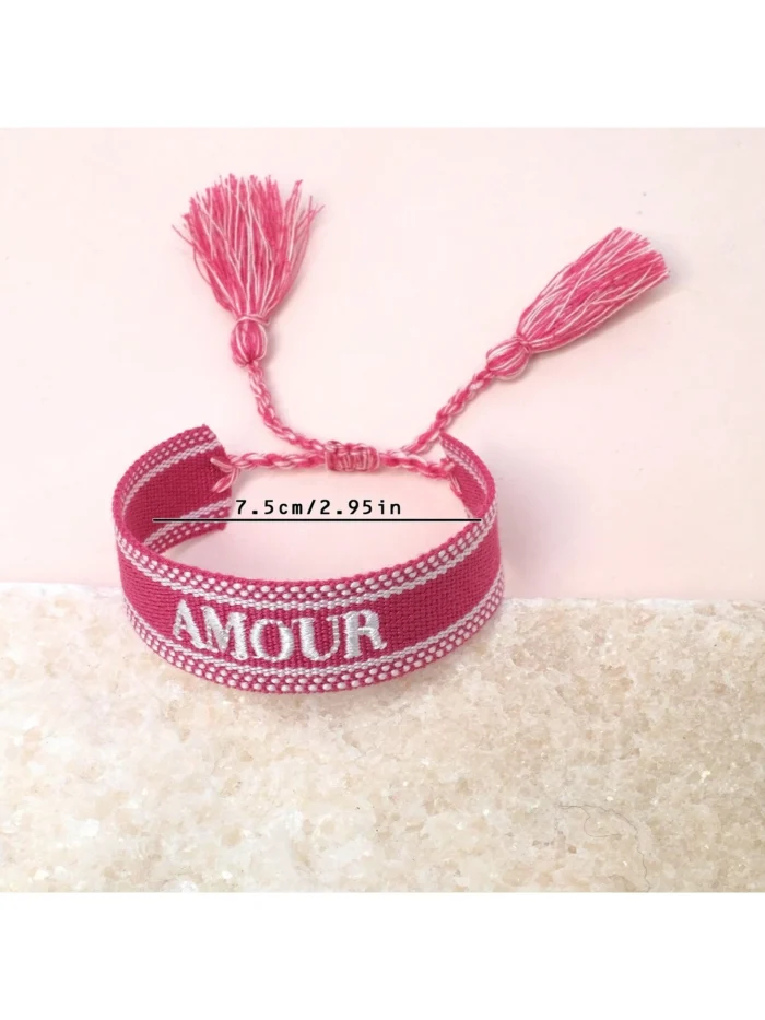 1pc Hand-Embroidered French "AMOUR" Creative Handwoven Retro Bracelet - Image 4
