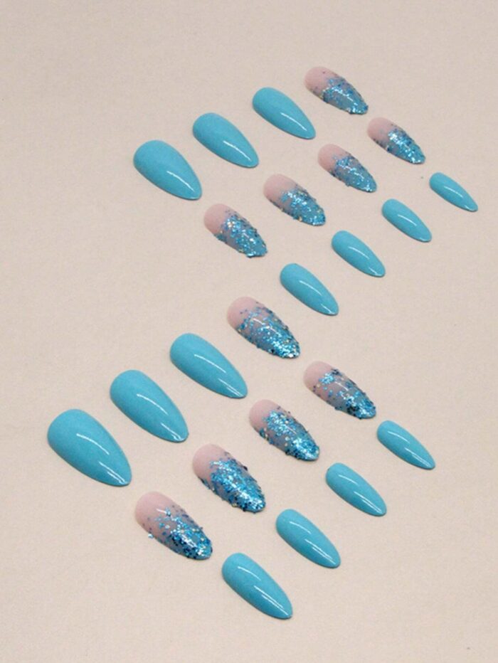 24pcs Fresh Solid Color Gradient Glitter False Nails Manicure Philadelphus Blue-Green Manicure Forest Candy Wear Nails - Image 2