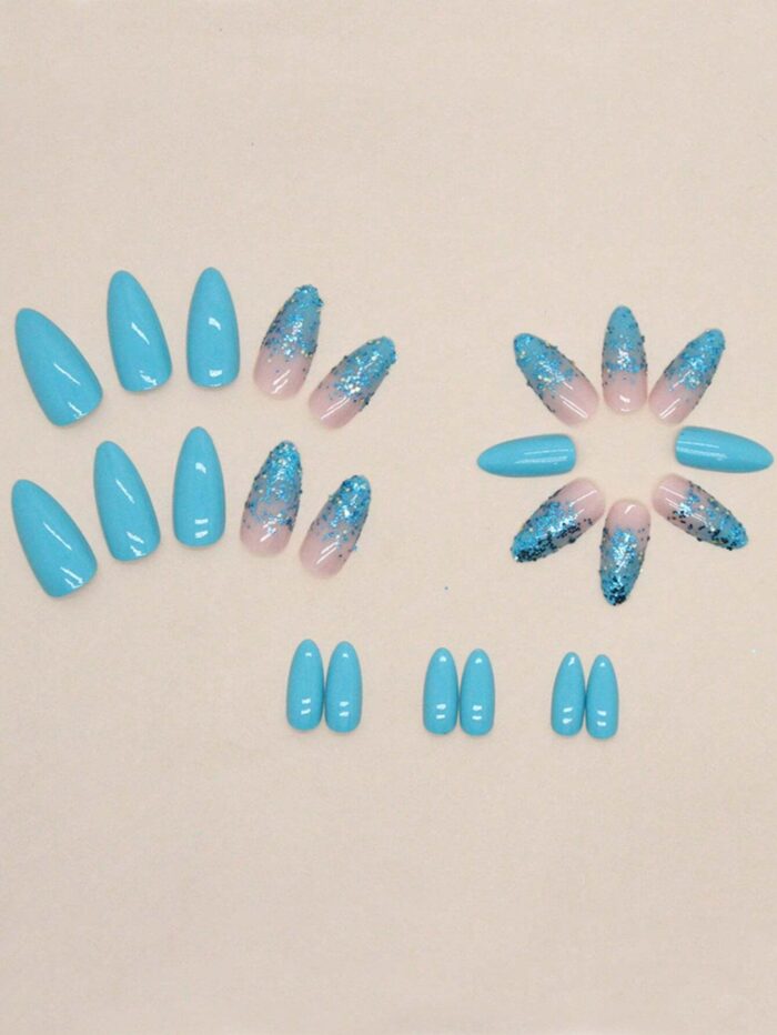24pcs Fresh Solid Color Gradient Glitter False Nails Manicure Philadelphus Blue-Green Manicure Forest Candy Wear Nails - Image 3