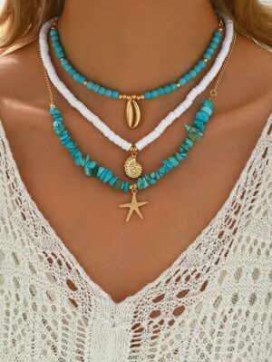 3pcs/Set Soft Ceramic Turquoise Necklace With Metallic Seashell, Oceanic Style Daily Wear And Beach