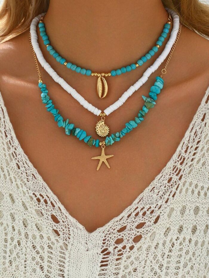 3pcs/Set Soft Ceramic Turquoise Necklace With Metallic Seashell, Oceanic Style Daily Wear And Beach