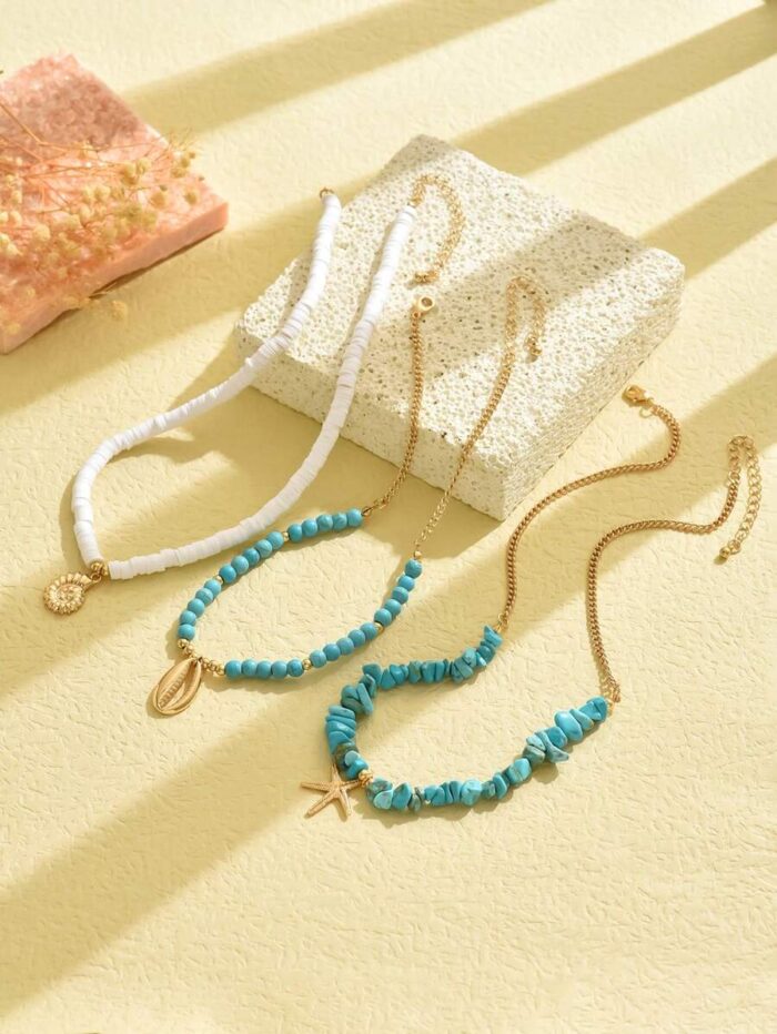 3pcs/Set Soft Ceramic Turquoise Necklace With Metallic Seashell, Oceanic Style Daily Wear And Beach - Image 2