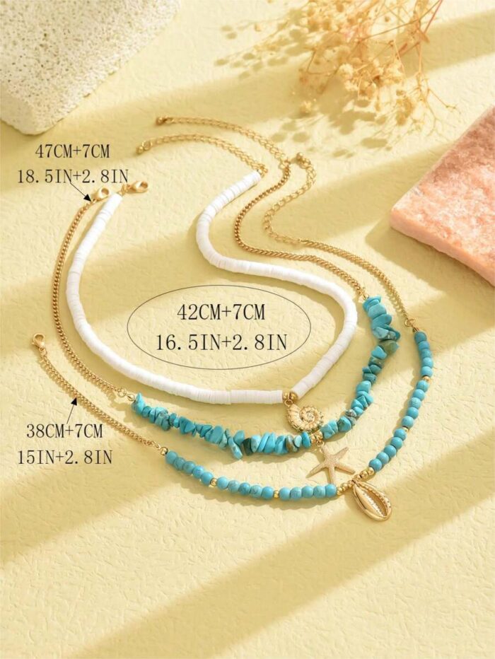 3pcs/Set Soft Ceramic Turquoise Necklace With Metallic Seashell, Oceanic Style Daily Wear And Beach - Image 3