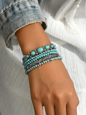 5pcs/Set Turquoise Beaded Bohemian Style Bracelet Set