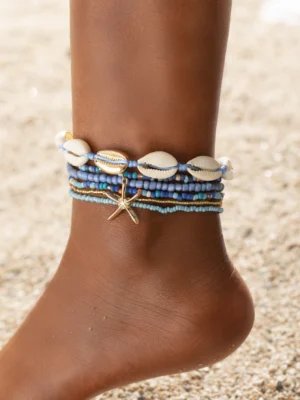 6pcs Bohemian Style Blue Glass Beaded & Natural Shell With Alloy Starfish Decor Anklet