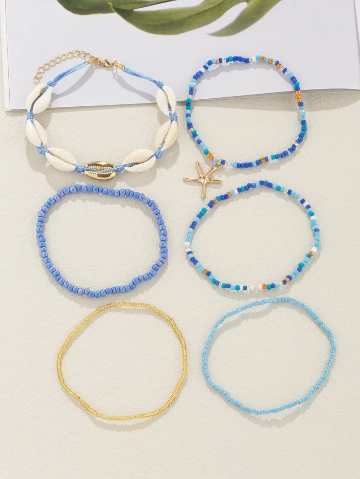 6pcs Bohemian Style Blue Glass Beaded & Natural Shell With Alloy Starfish Decor Anklet - Image 2