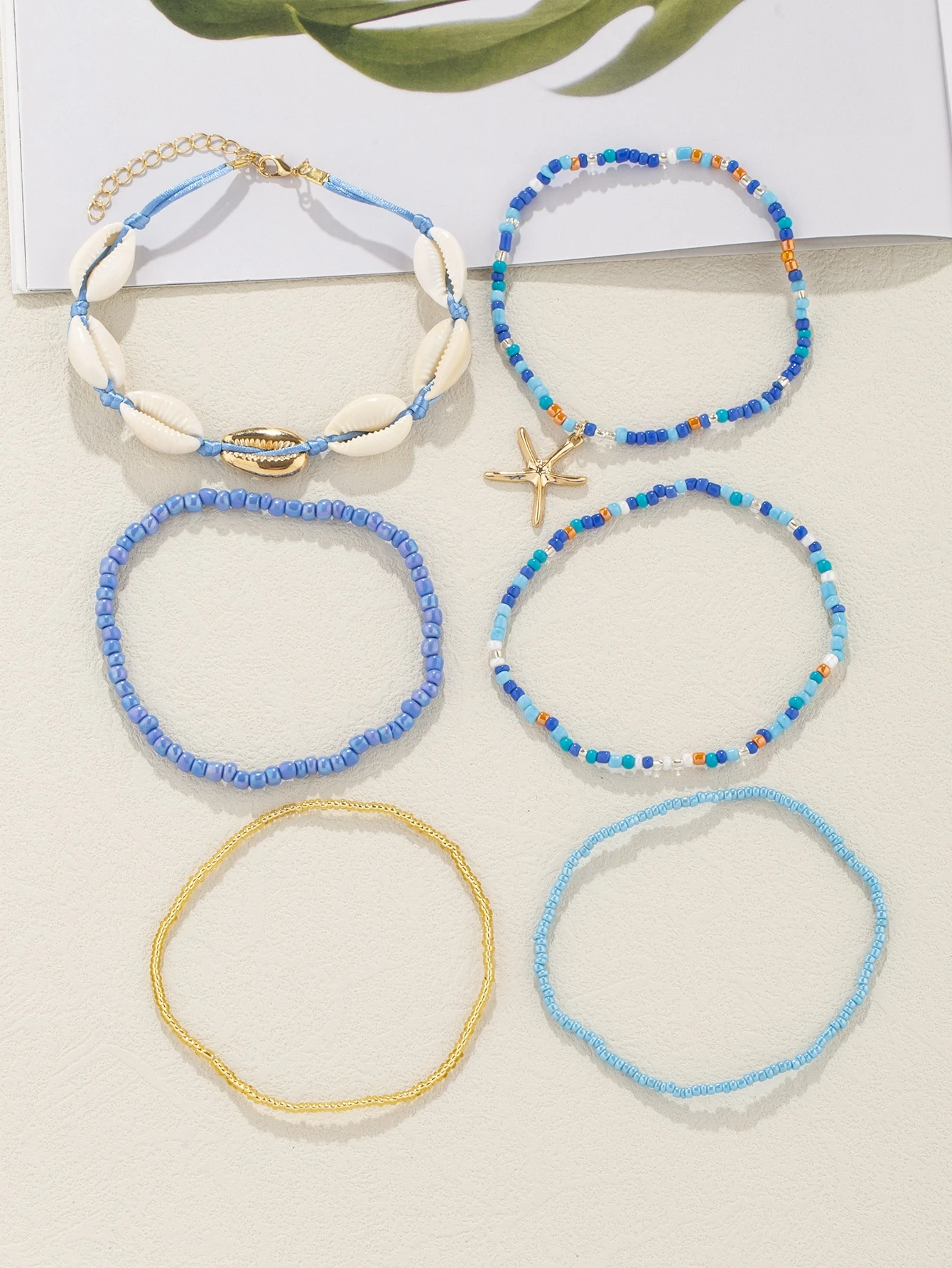 6pcs Bohemian Style Blue Glass Beaded & Natural Shell With Alloy Starfish Decor Anklet - Image 2