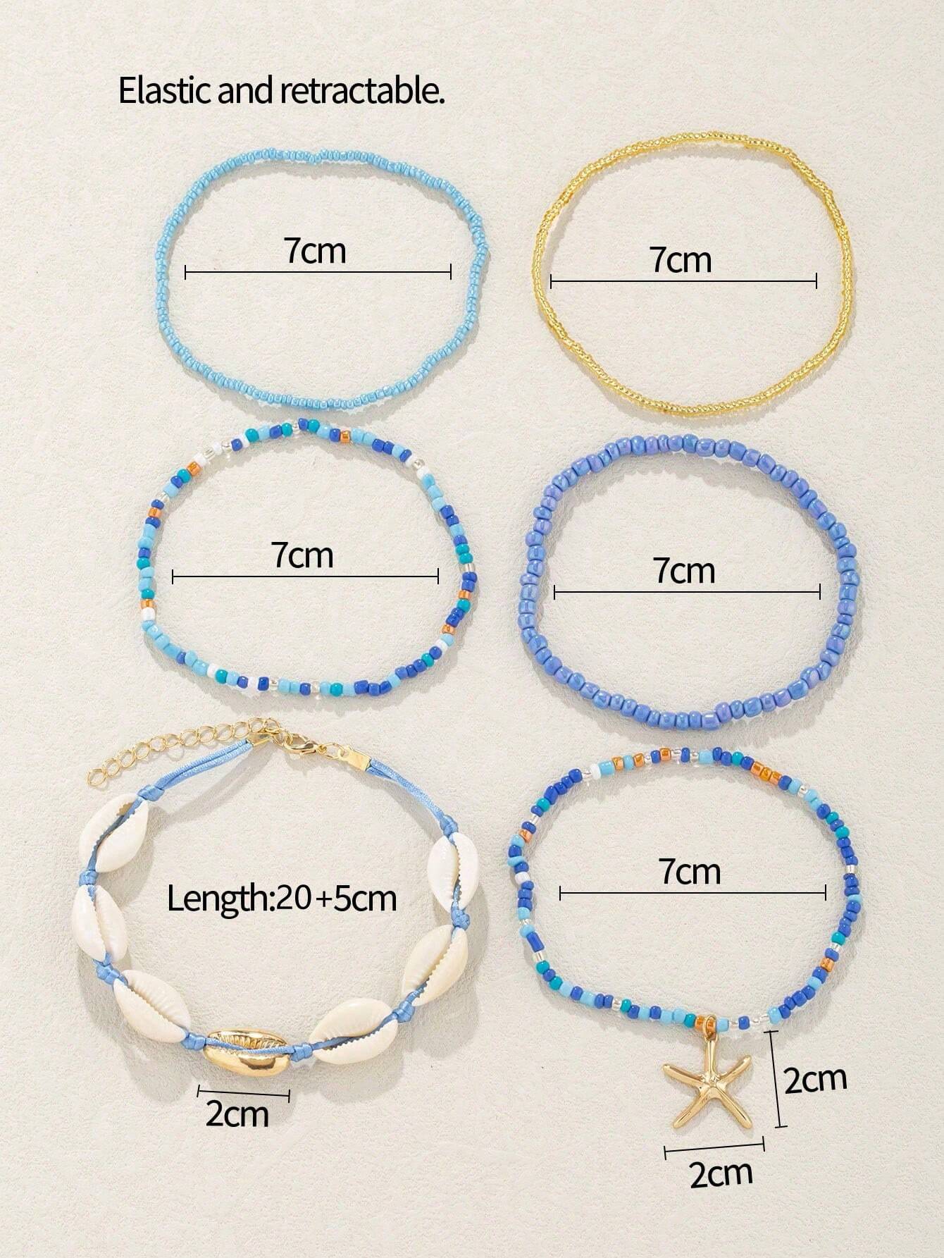 6pcs Bohemian Style Blue Glass Beaded & Natural Shell With Alloy Starfish Decor Anklet - Image 3