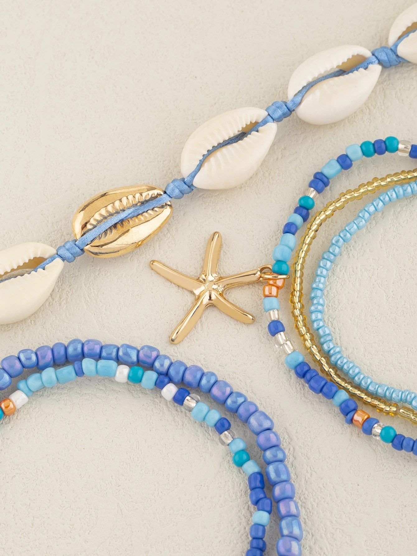 6pcs Bohemian Style Blue Glass Beaded & Natural Shell With Alloy Starfish Decor Anklet - Image 4